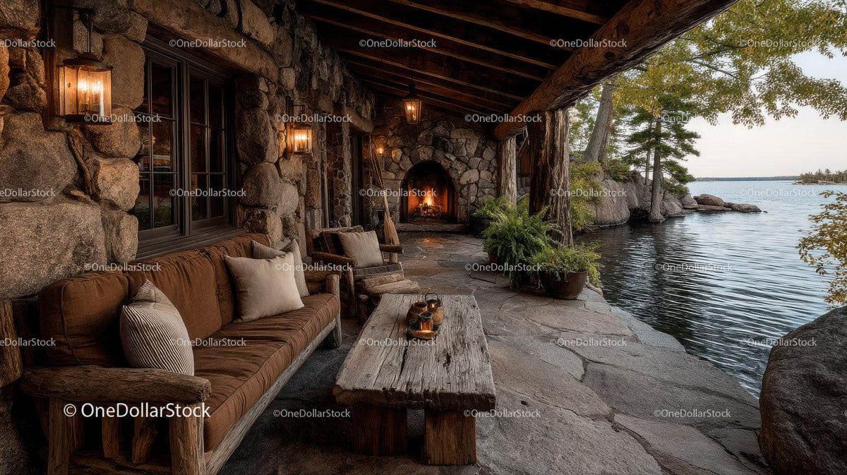 Rustic Lakeside Patio with Fireplace and Water View