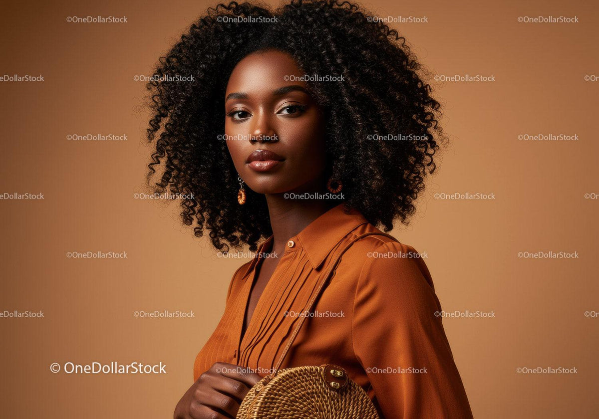 Elegant African Woman in Brown Satin Shirt with Curly Hair