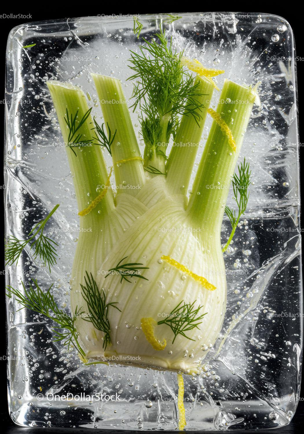 Fresh fennel bulb frozen in clear ice block