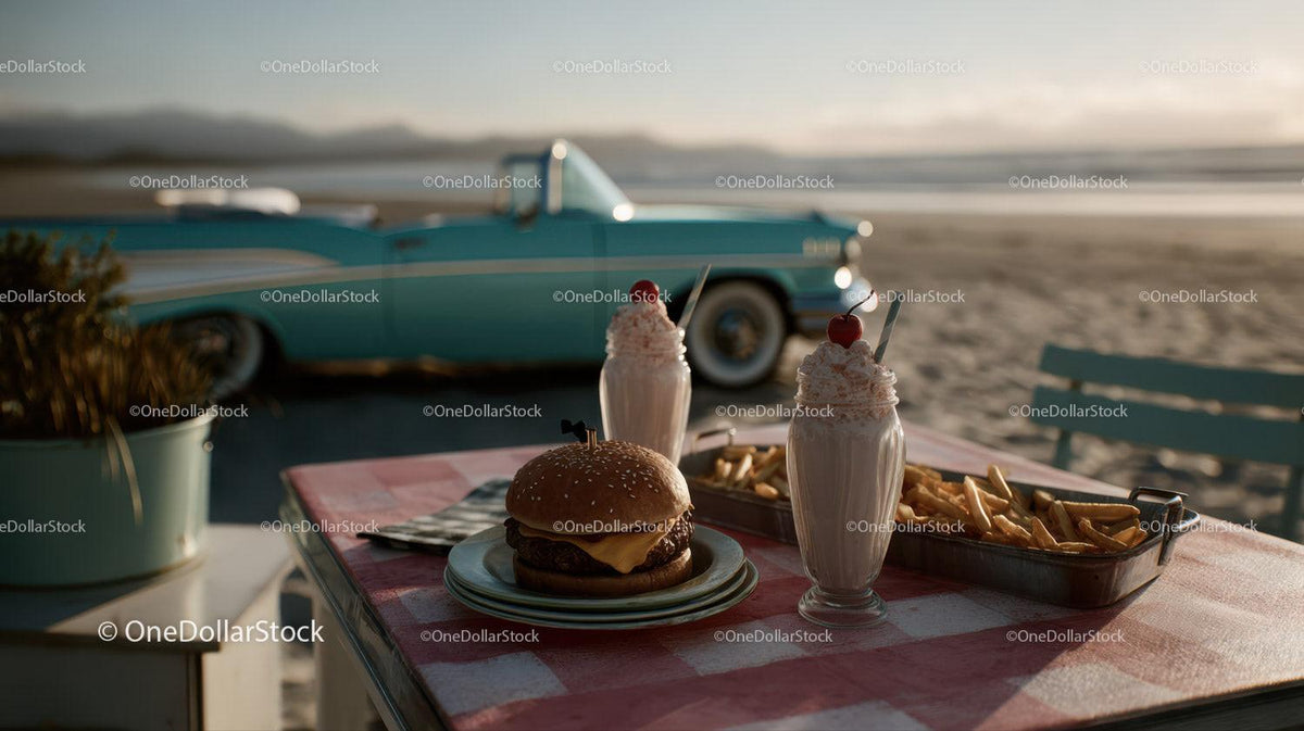 Beachside Cheeseburger French Fries and Milkshake with Classic Car Stock Photo Bundle preview 16