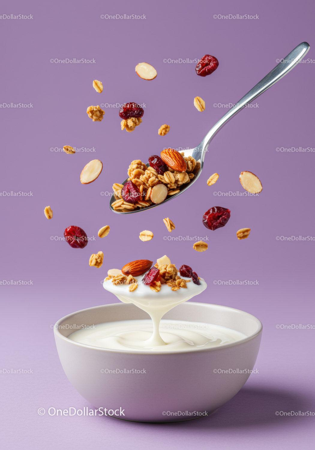 Granola and yogurt splash with nuts on purple background