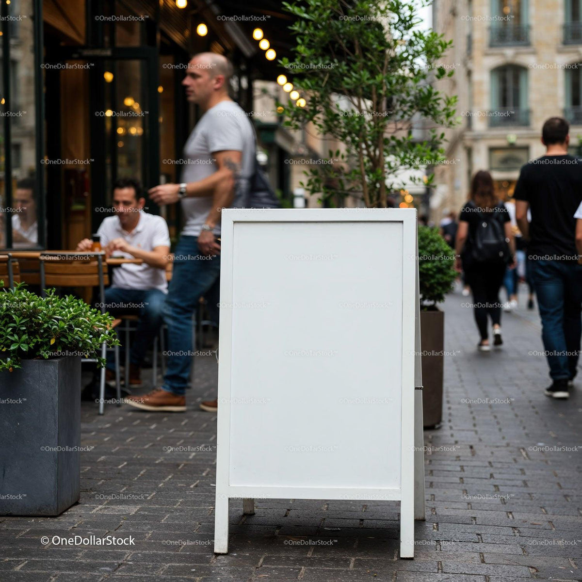 Blank white street chalkboard sign on busy city sidewalk JPG Mockup Image preview