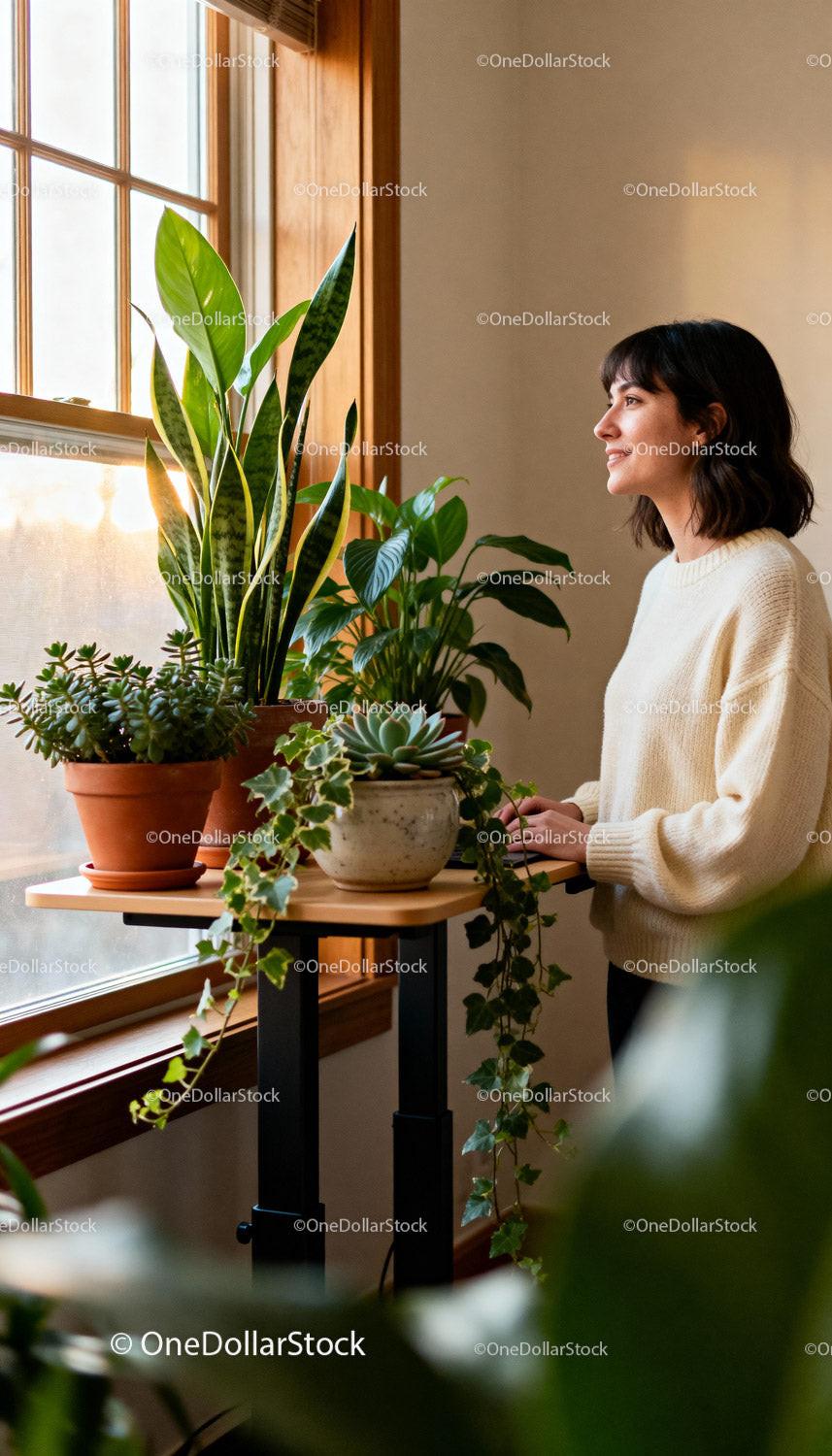 Young woman admiring indoor plants by window light