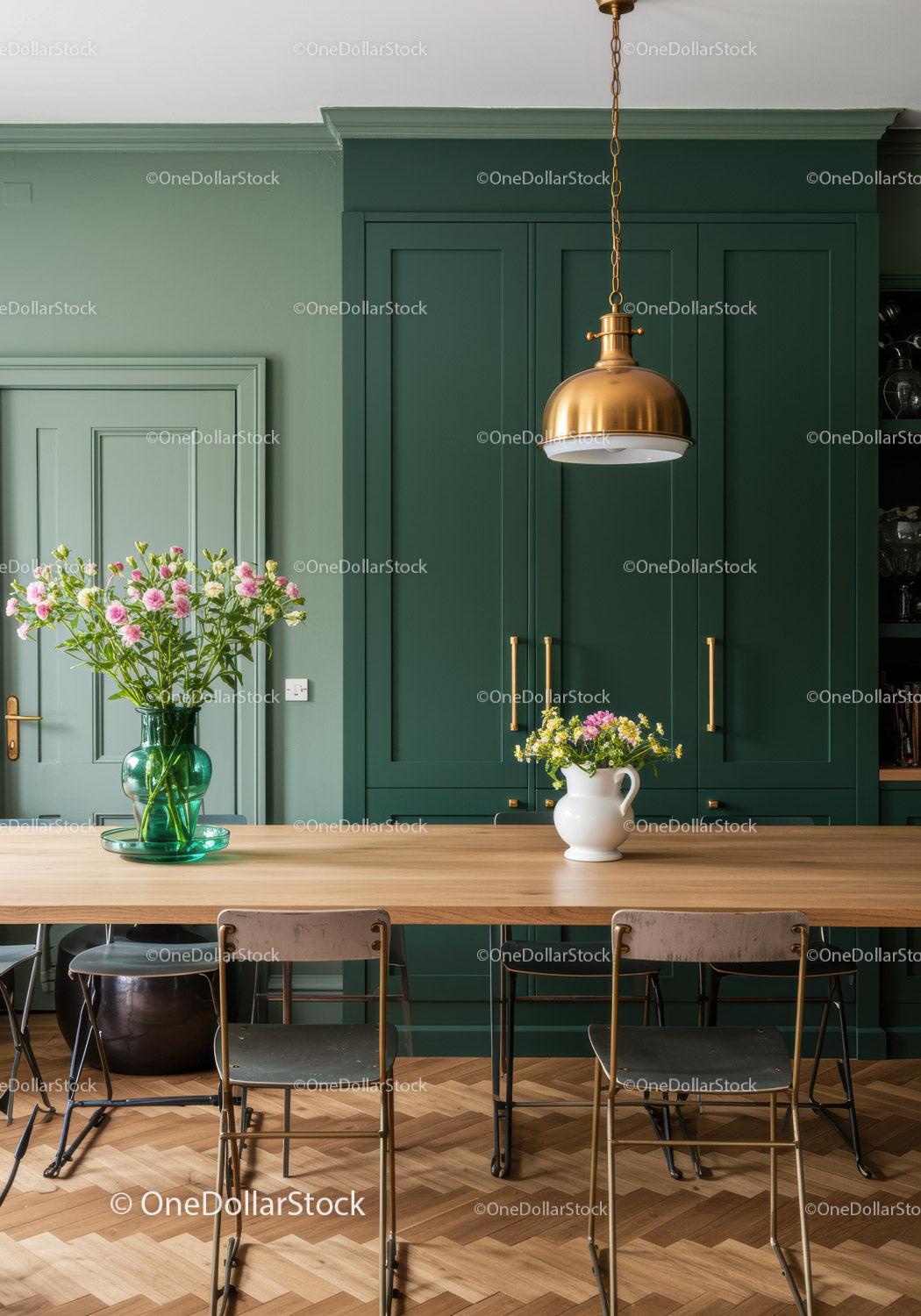 Stylish Kitchen with Green Cabinets and Elegant Floral Arrangements