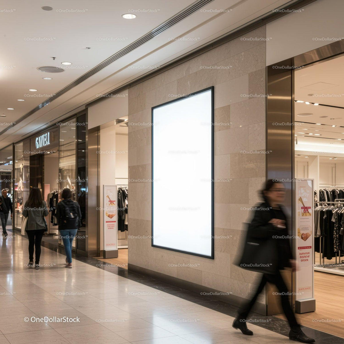 Modern shopping mall corridor with illuminated blank poster JPG Mockup Image preview
