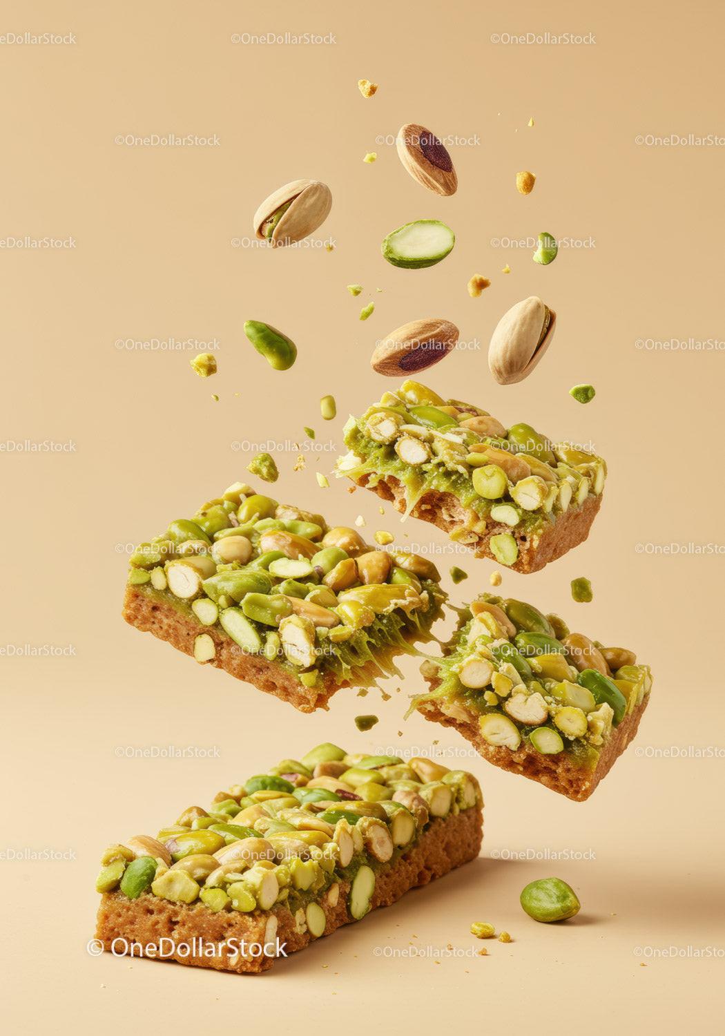 Nutty pistachio energy bars with crumbly texture