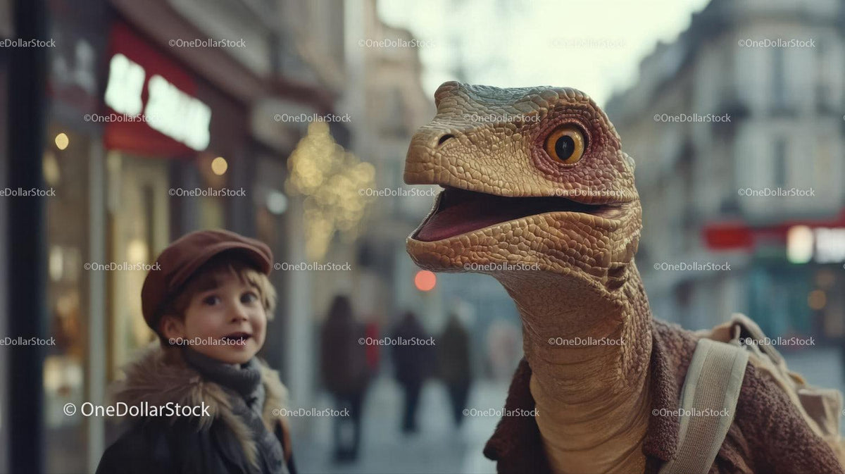 Child in dinosaur costume standing on city street with backpack and blurred background