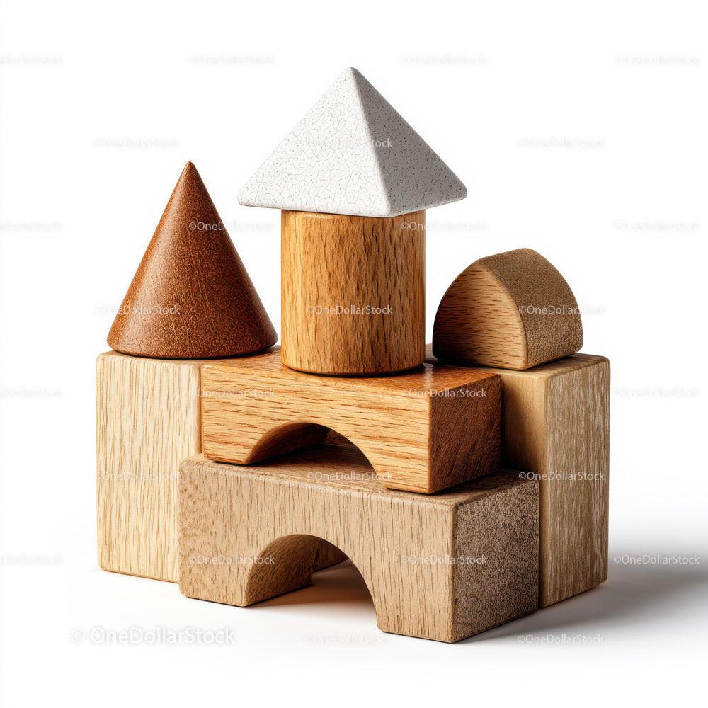 Stacked wooden toy blocks with cone, cylinder, and rectangular shapes on white background