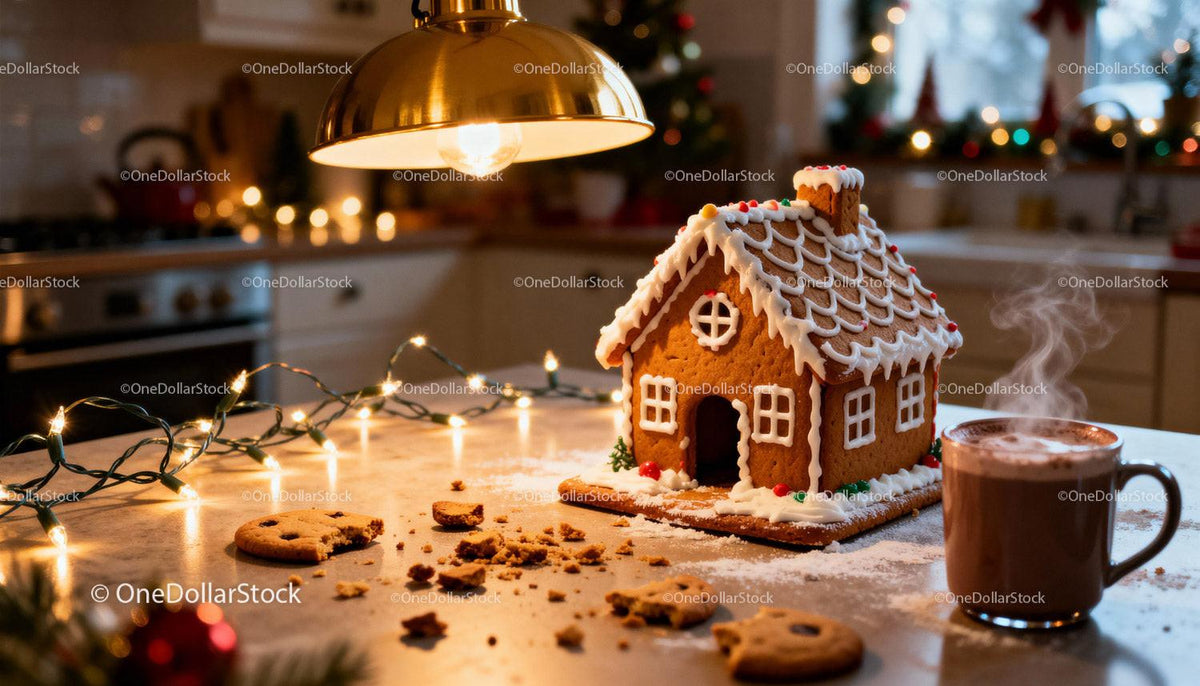 Cozy Kitchen Scene with Gingerbread House and Hot Cocoa