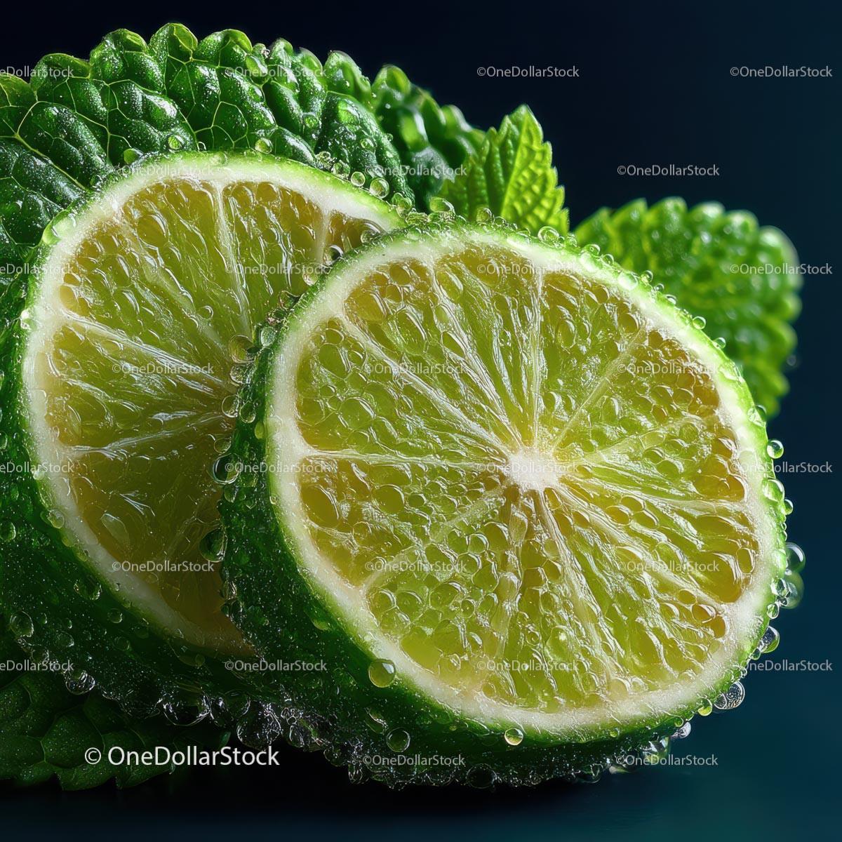 stock photo bundle made with Close-Up of Fresh Lime with Mint Leaf and Water Droplets Stock Photo Bundle