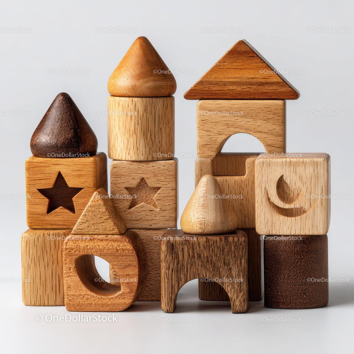 Stack of wooden toy blocks with arches and pointed shapes in natural wood tones