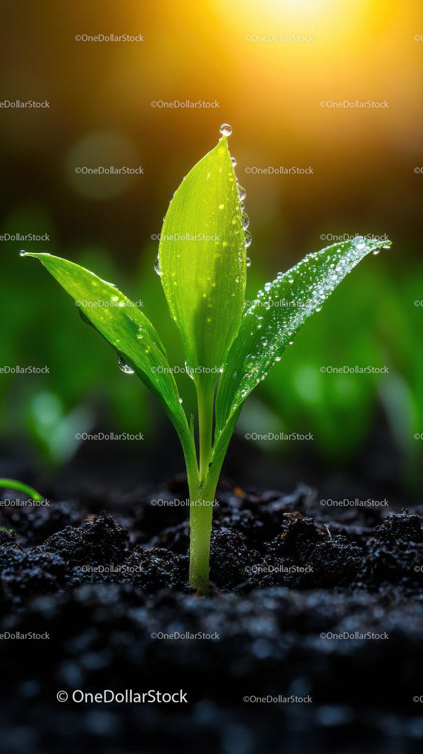 Fresh Green Seedling with Dew Drops in Natural Soil