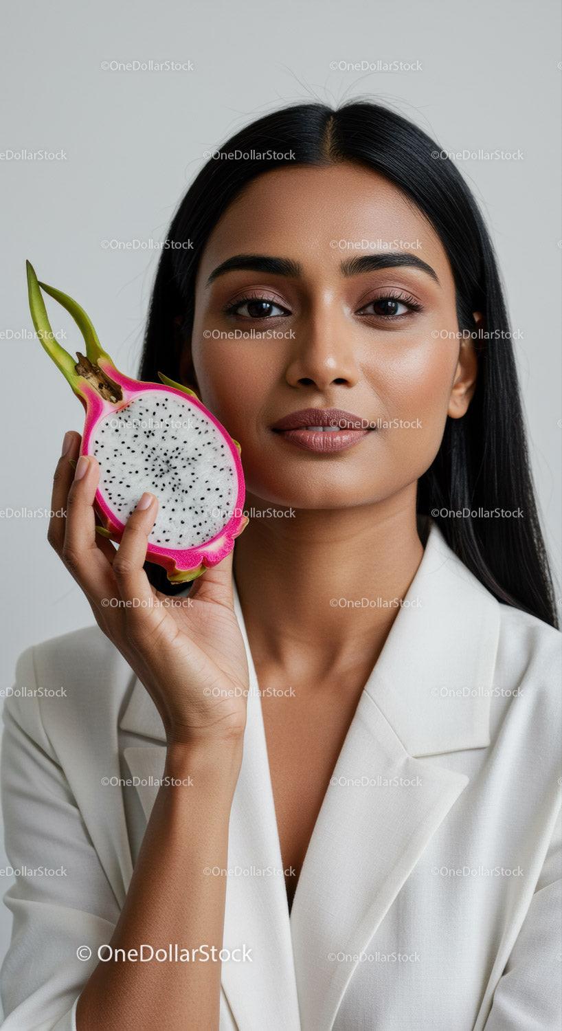 Portrait of a Woman with Bright Skin Holding Dragon Fruit