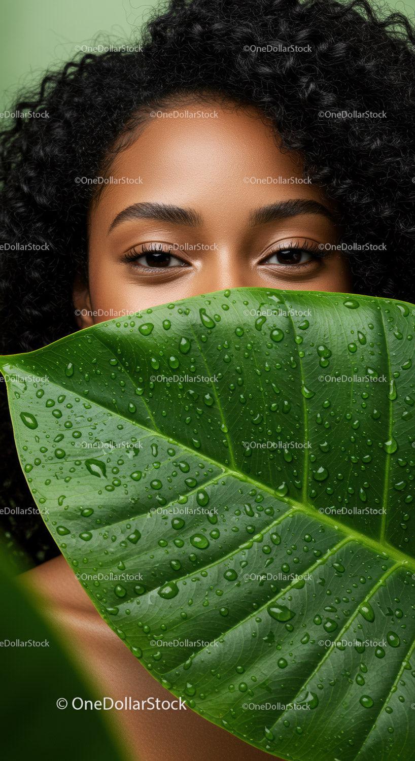 Close-up of Black Woman with Curly Hair Peeking Behind Tropical Leaf
