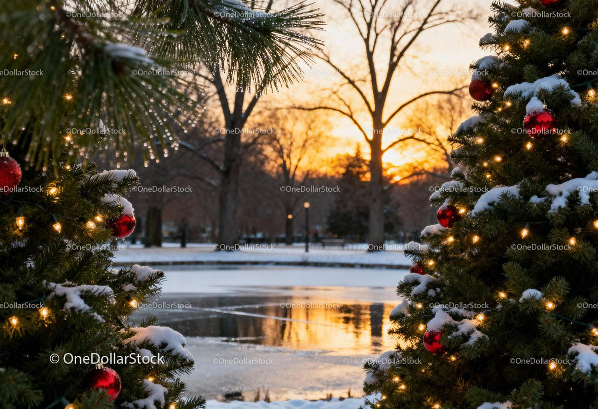 Snow-Covered Christmas Trees by Frozen Pond at Sunset