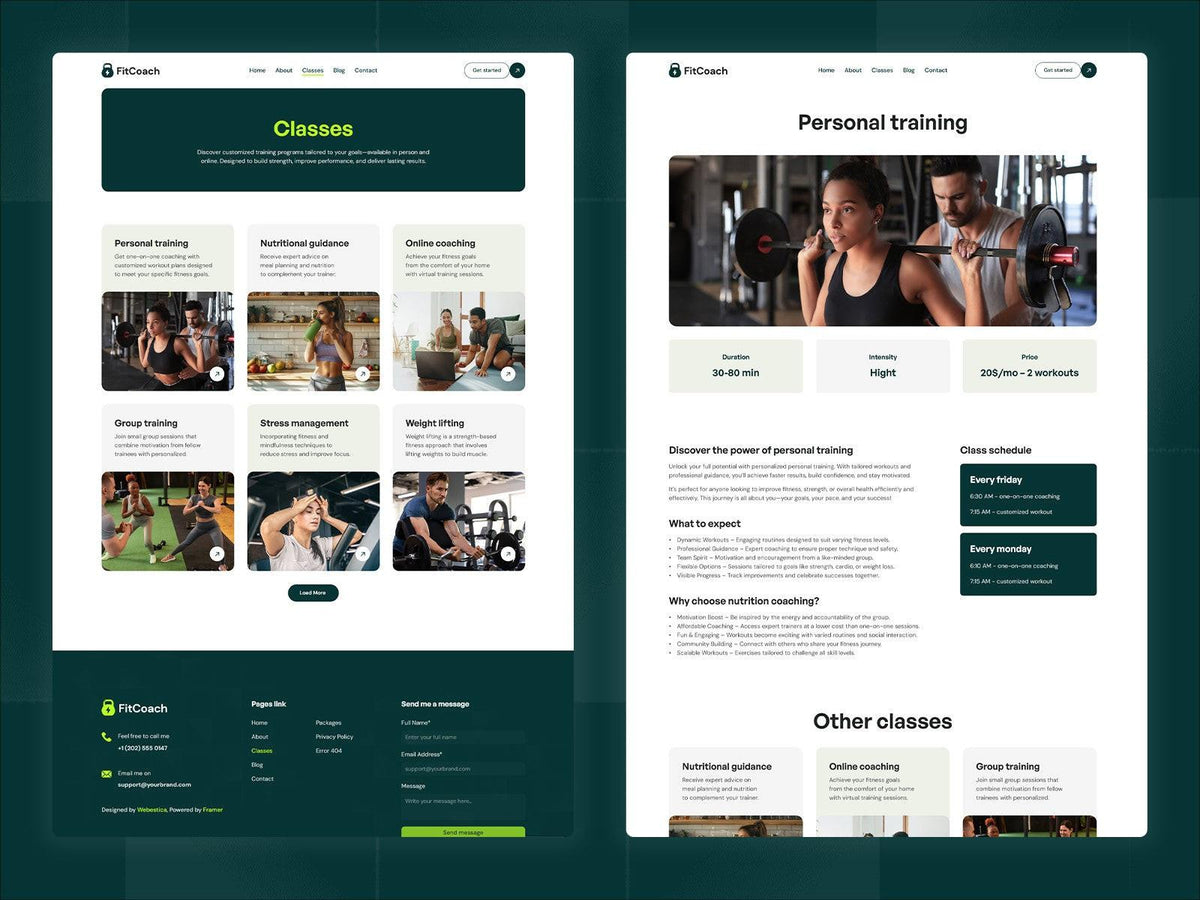 FitCoach Framer template website sections preview