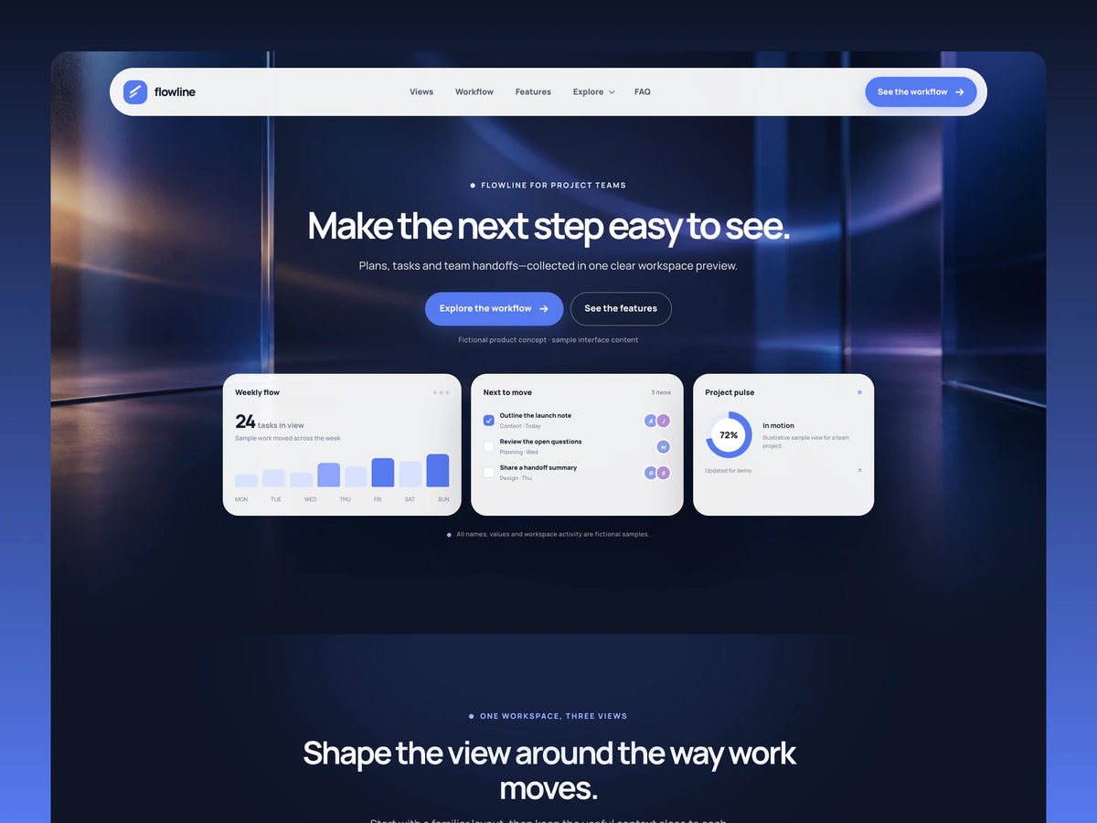 Flowline template preview with a navy hero, cobalt calls to action, and three project-planning dashboard cards