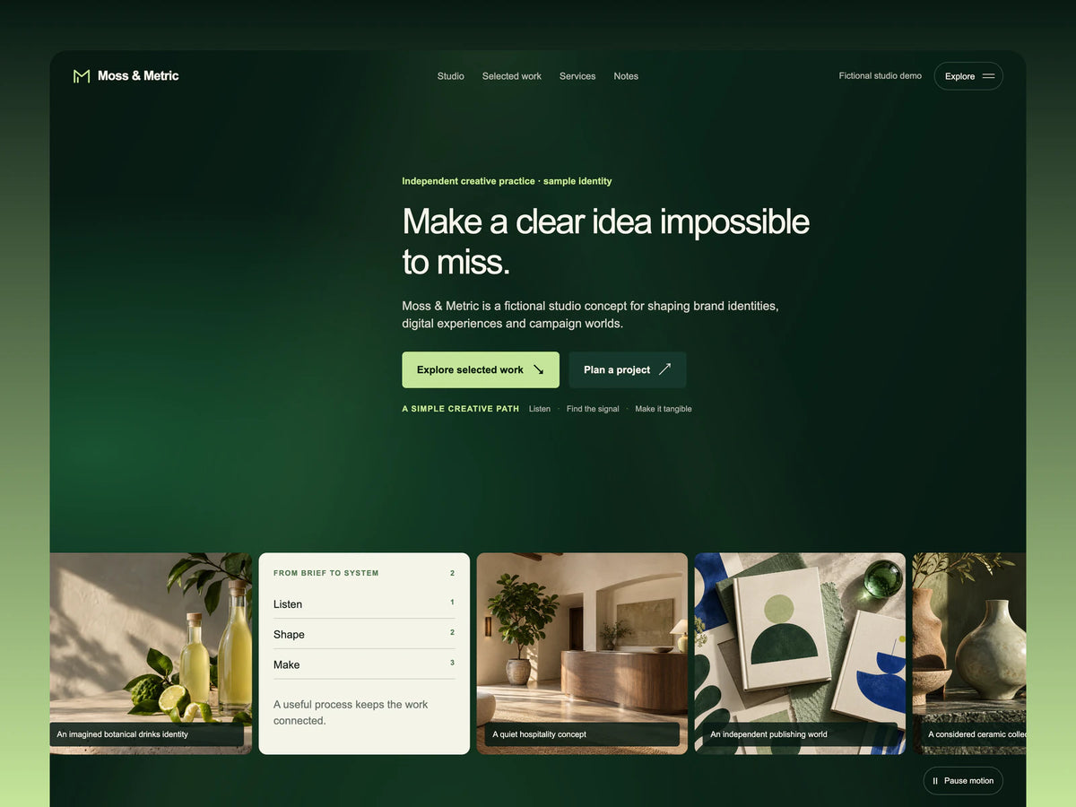 Moss & Metric creative studio website with a forest-green hero, clear headline and image-led project preview rail.