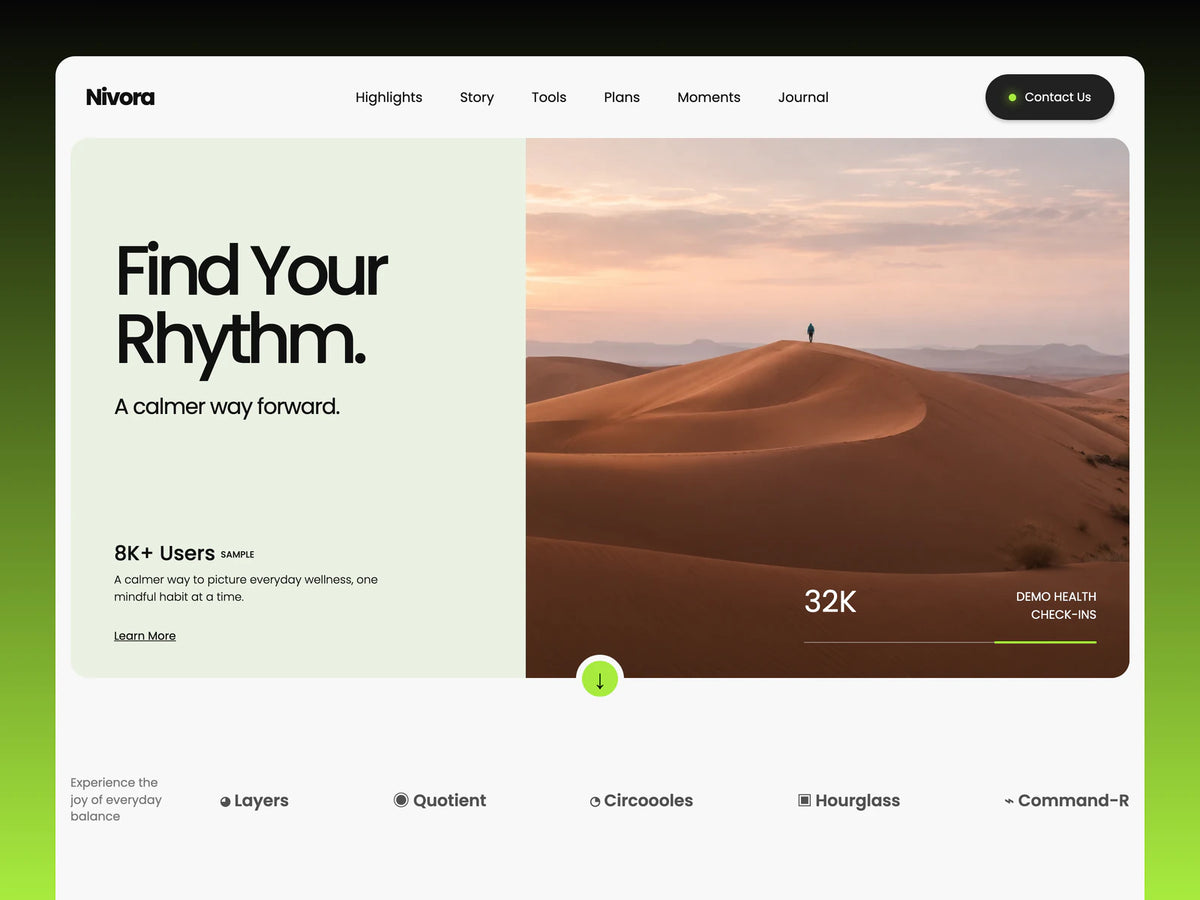 Nivora homepage preview showing a split desert hero, black Find Your Rhythm headline and lime green accents