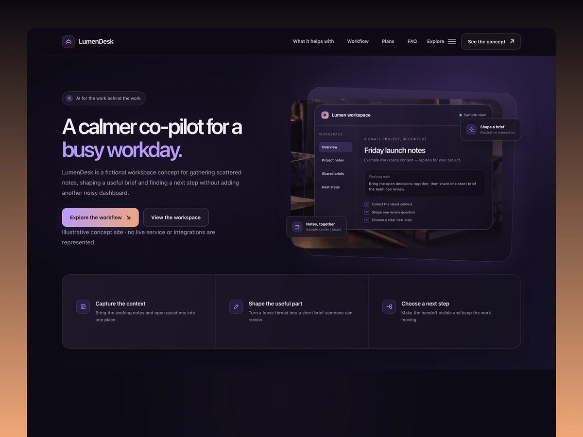 LumenDesk desktop preview with a dark plum AI workspace landing page, layered dashboard illustration and three-step workflow band.