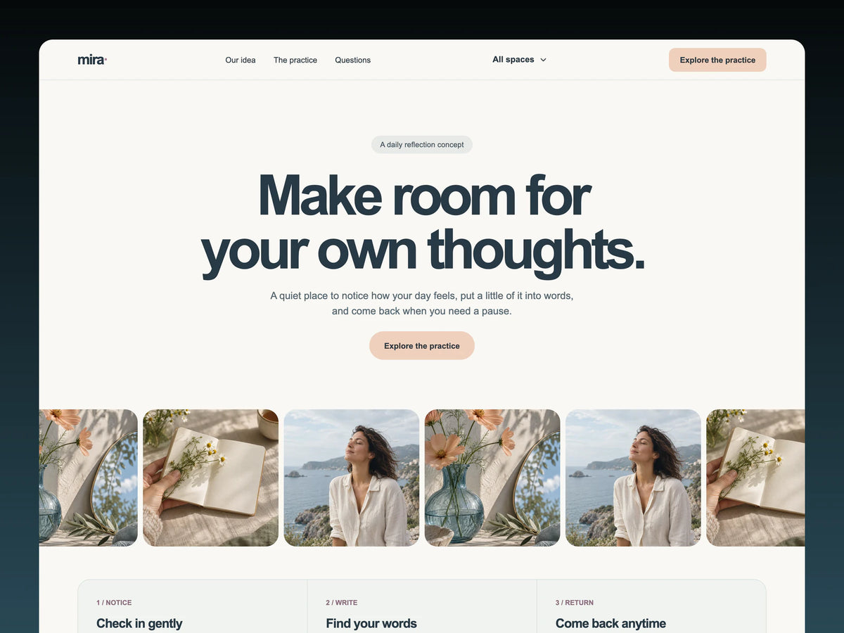 Mira reflection website hero with a centered headline, peach button, editorial image ribbon, and three gentle practice cards.