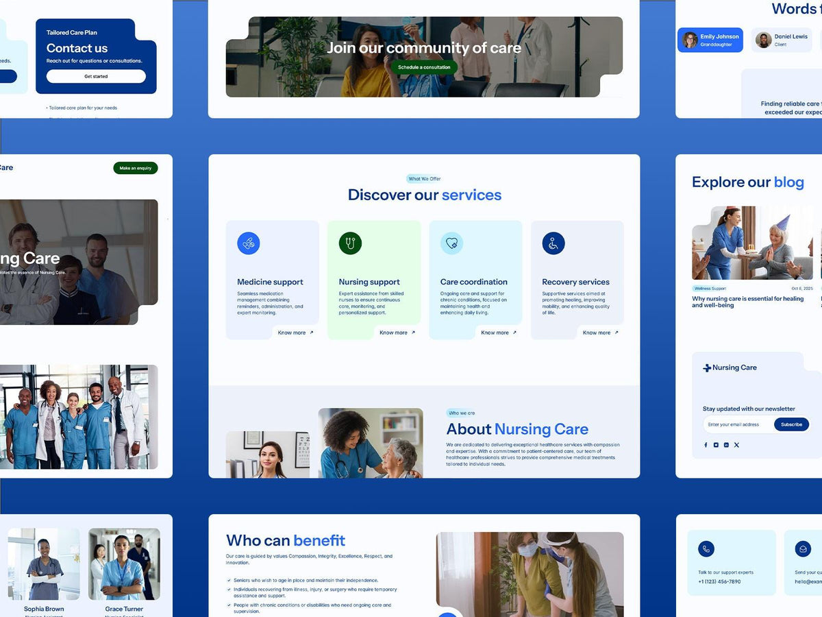 Nursing Care Framer template website sections preview