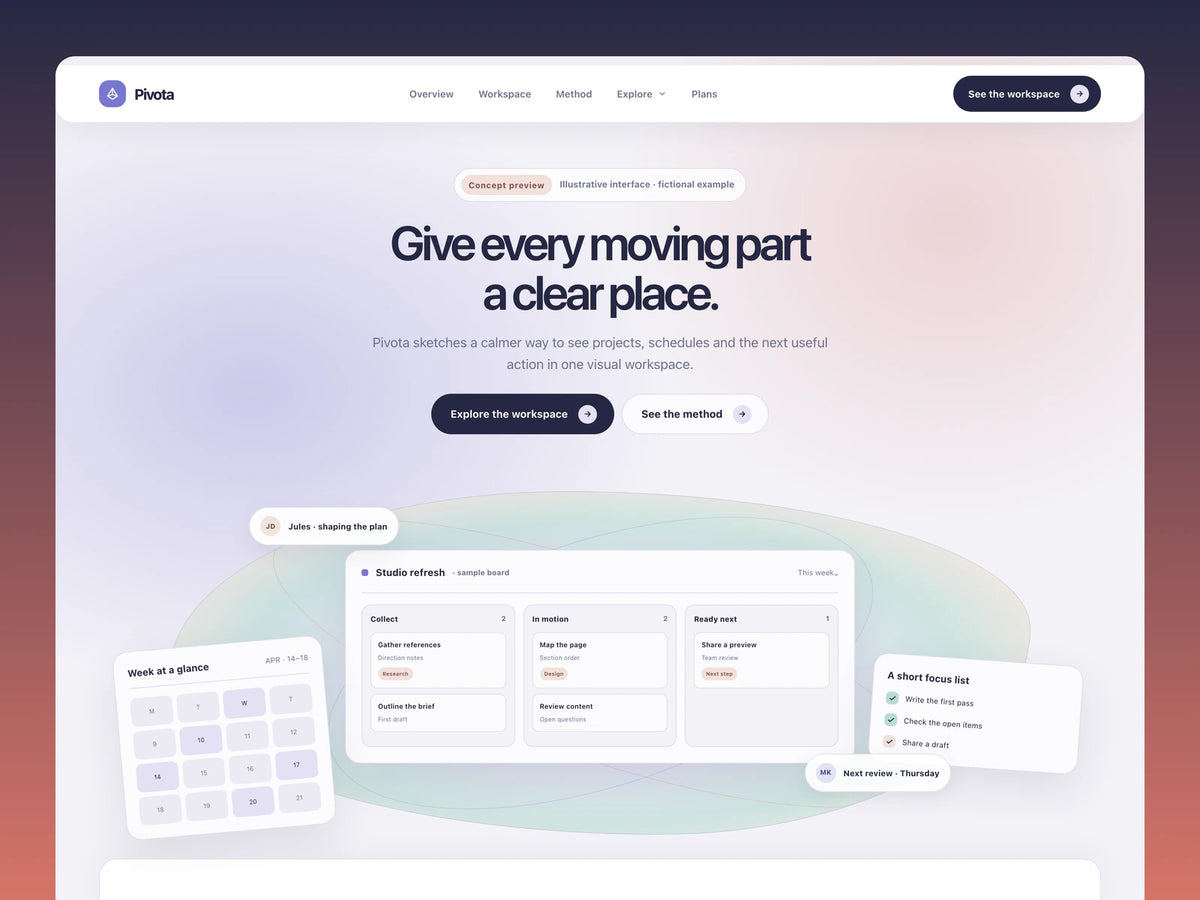 Pivota Workflow landing page preview with lilac gradients, an illustrated project board, calendar card, and focus list.