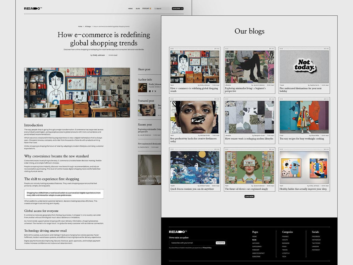 Reado Framer template website sections preview
