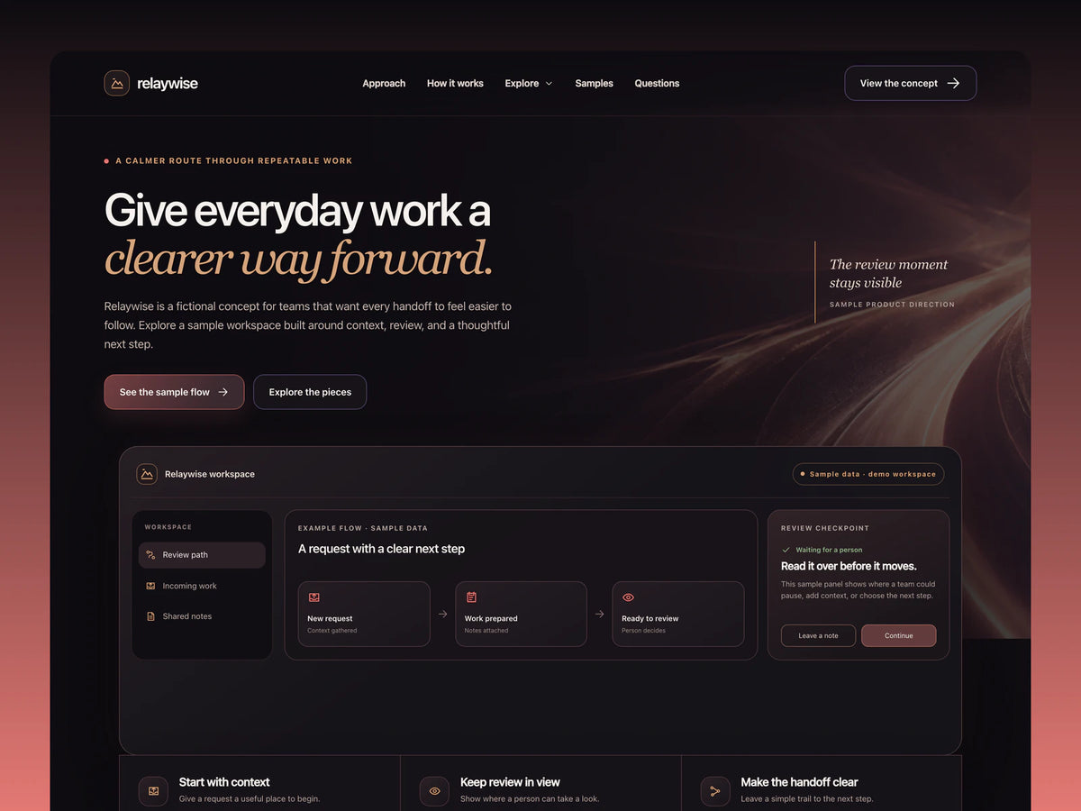 Relaywise landing page preview with a dark hero, workspace mockup, and coral glow