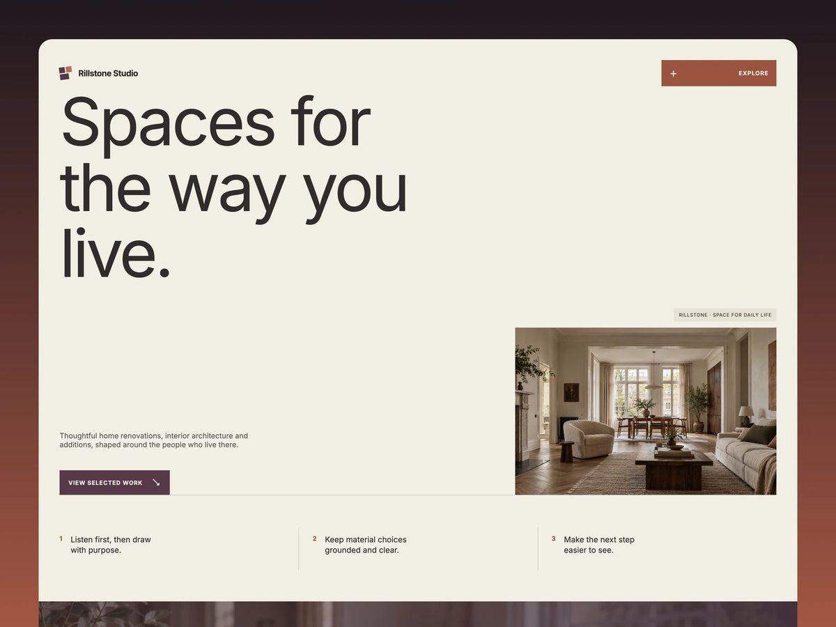 Rillstone Studio landing page preview with oversized headline and warm residential interior photograph.