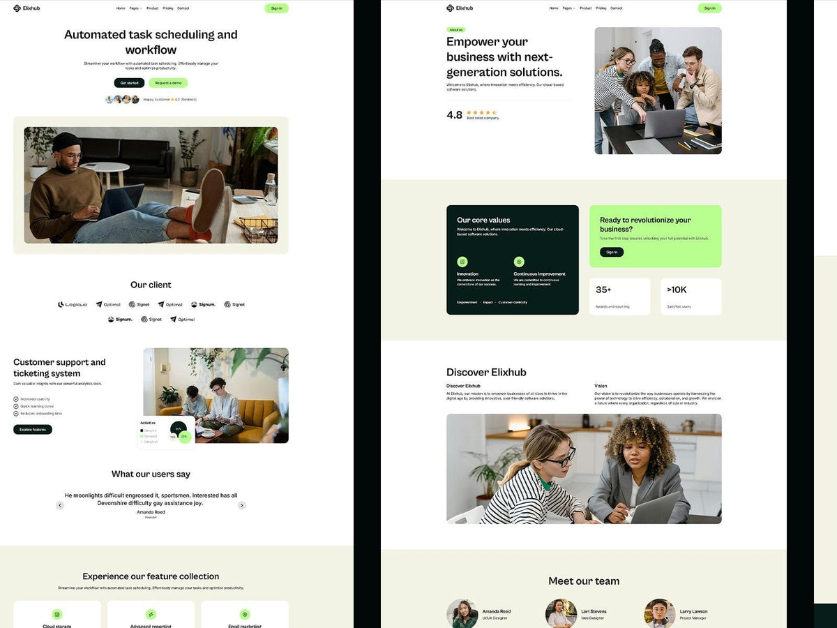 Elixhub Framer template website sections preview