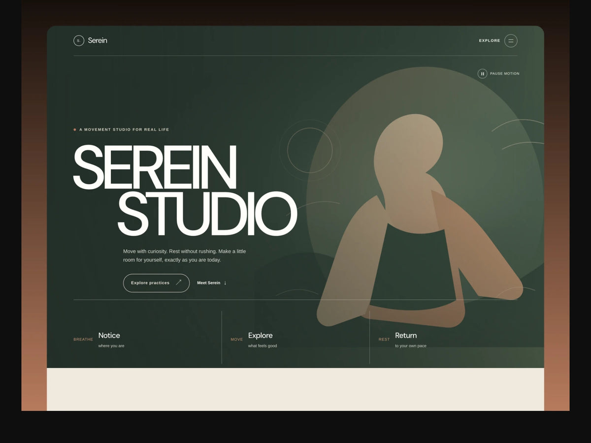 Serein movement studio homepage preview with forest-green panels, clay accents, editorial type and an illustrated hero