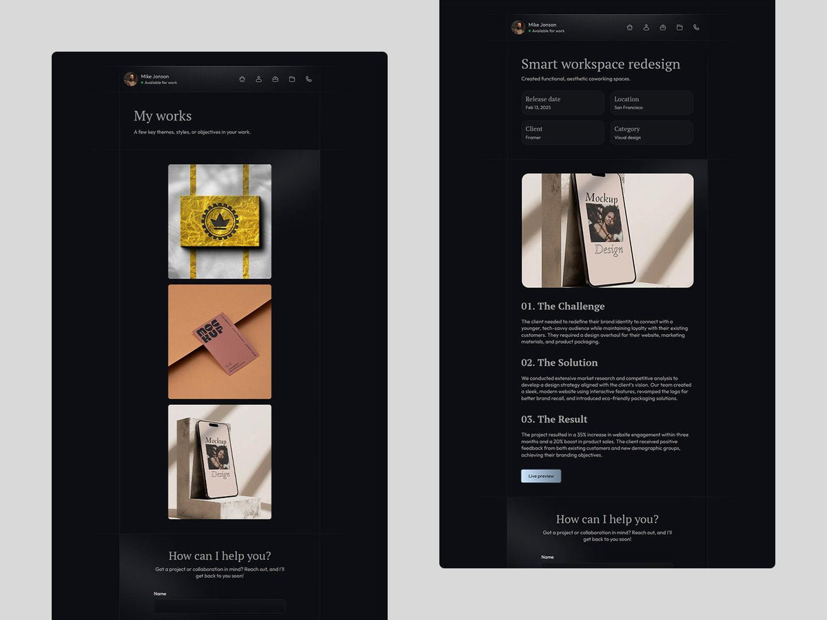 Showoff Framer template website sections preview