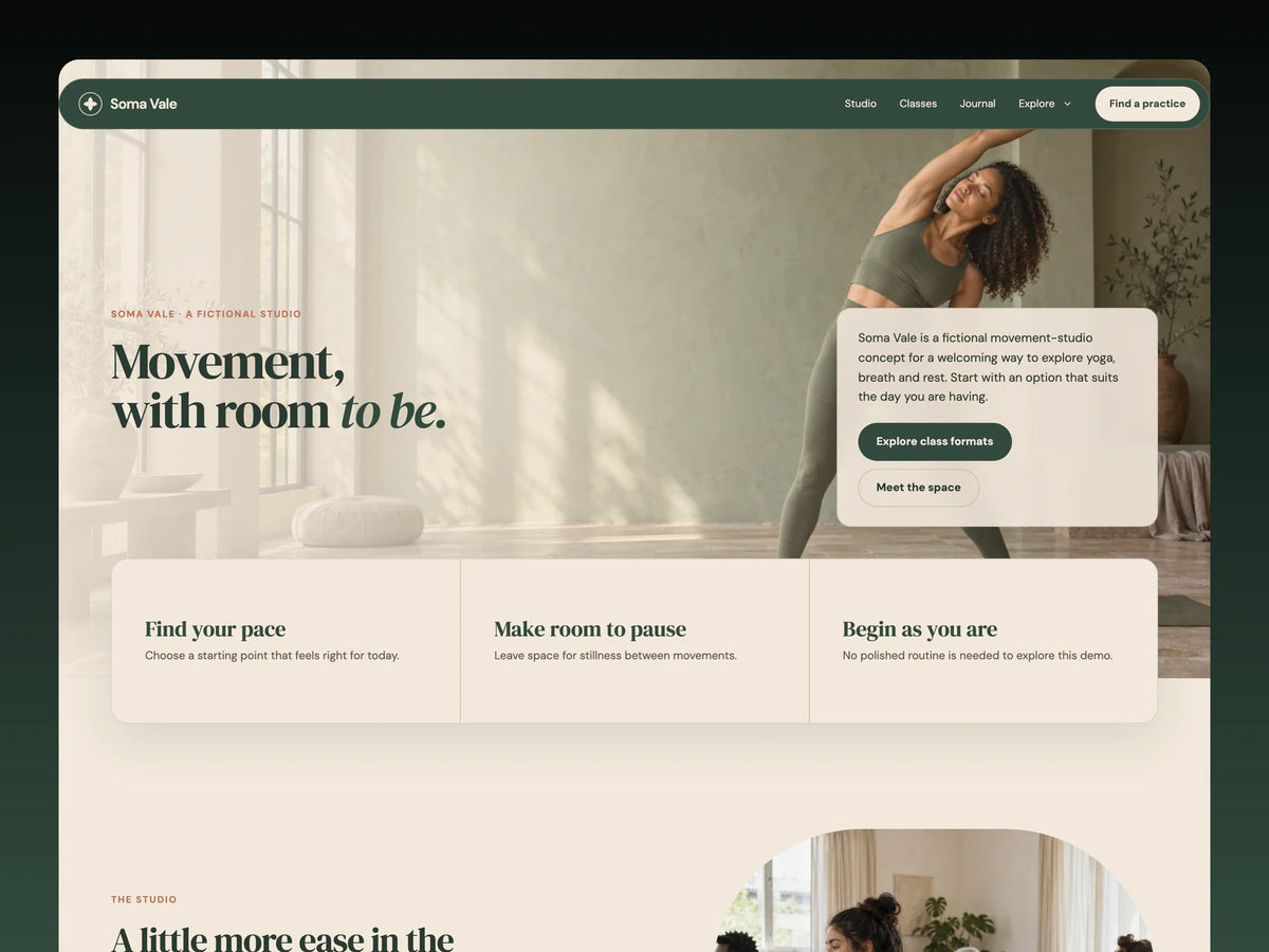 Desktop preview of a warm cream and sage Soma Vale movement studio website with a photo-led hero and editorial sections.