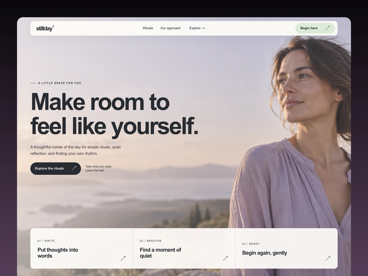 Stillday website preview with a lavender portrait, hero headline, and three ritual cards