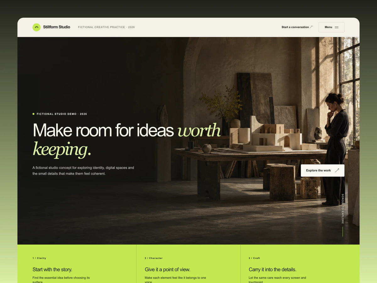 Stillform Studio homepage preview with a warm photographic hero, editorial headline and chartreuse details
