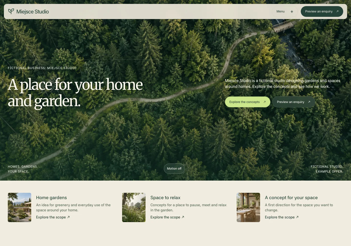 Prepared example of Verdan as a website for the fictional Miejsce Studio