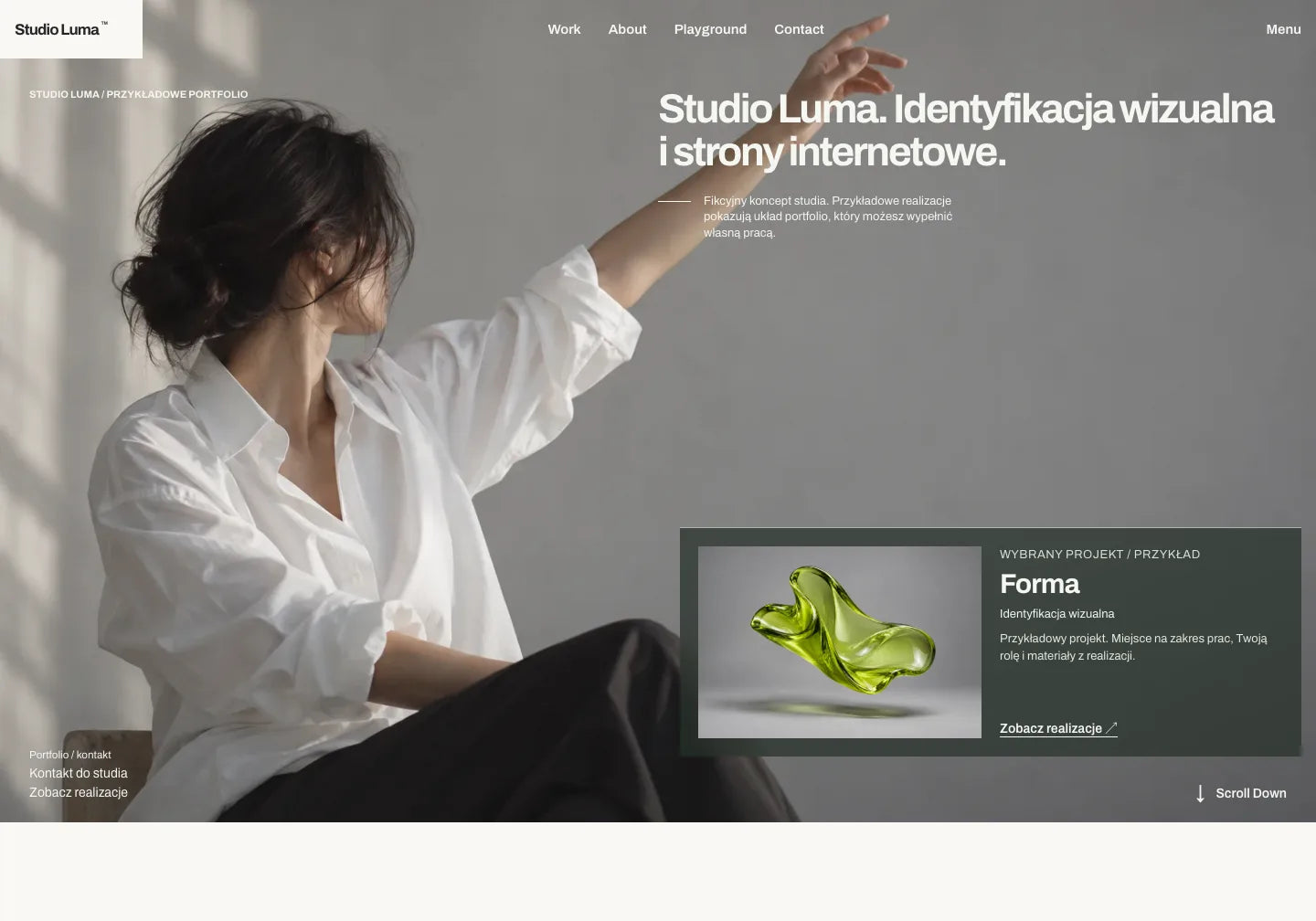 Druga przygotowana wersja fikcyjnego Studio Luma: panel przykładowej Formy z obrazem, kategorią Identyfikacja wizualna, opisem i linkiem do realizacji w tym samym hero.