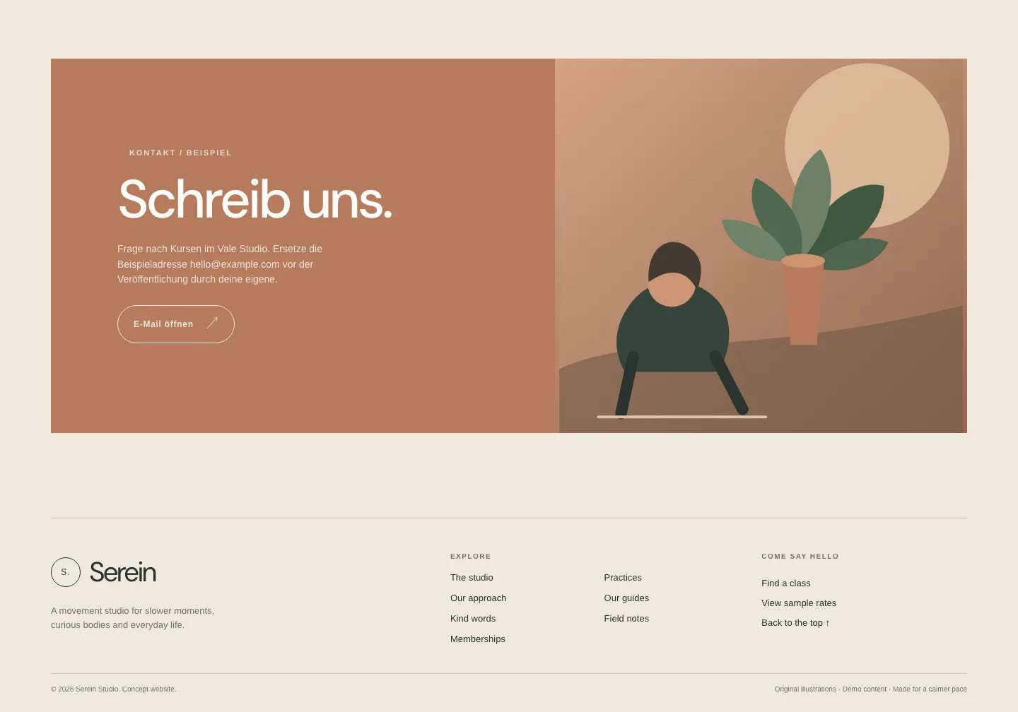 Vorbereiteter Kontakt von Vale Studio: Schreib uns., gekennzeichnete Adresse hello@example.com und Schaltfläche E-Mail öffnen neben derselben Illustration.