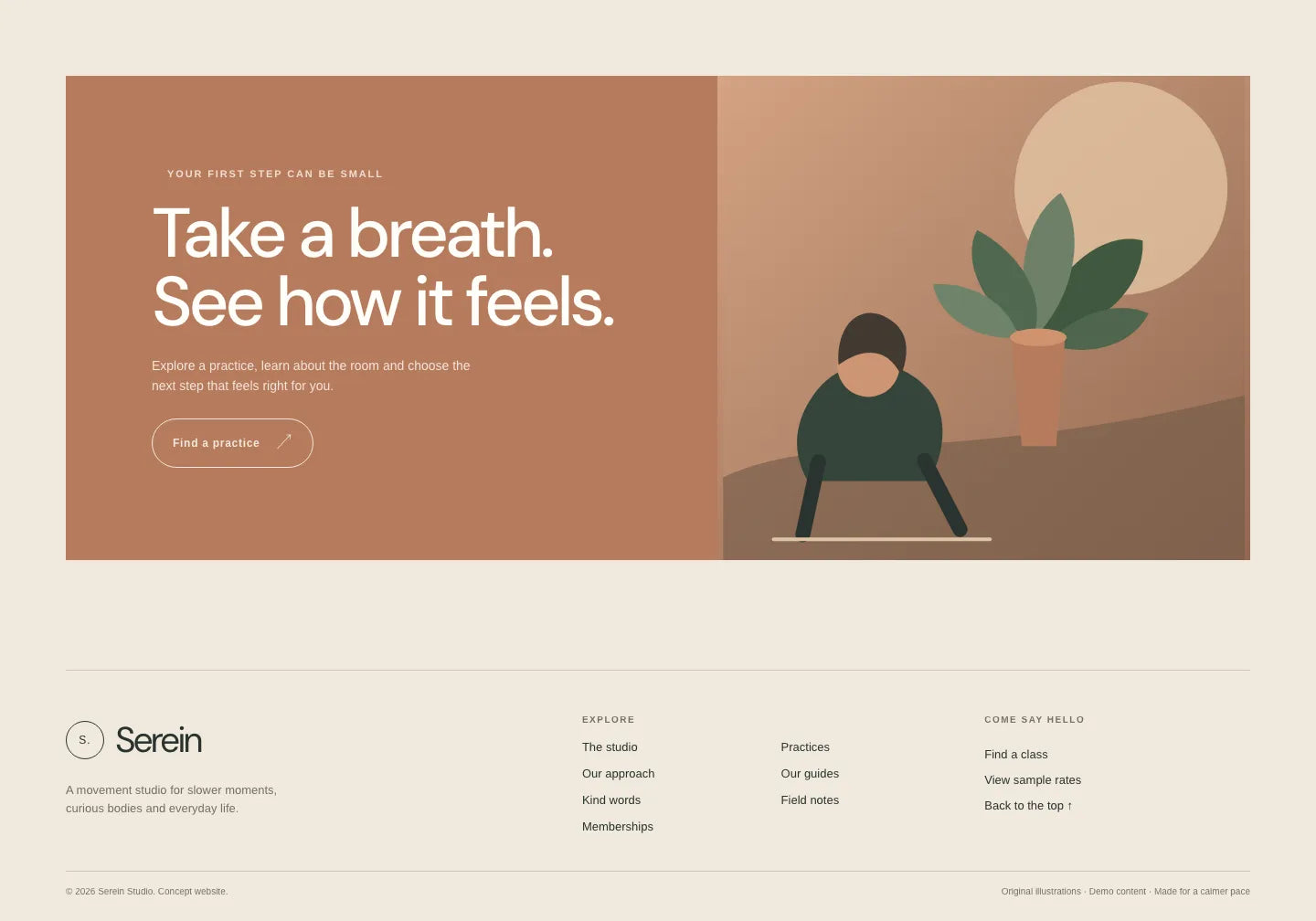 Kontakt w pierwszej wersji Vale Studio: źródłowy angielski tekst Serein i przycisk Find a practice obok ilustracji osoby z rośliną.