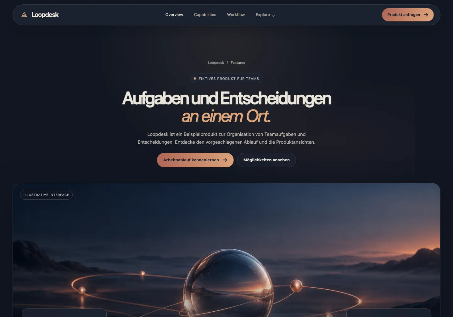 Vorbereitetes fiktives Loopdesk: deutsche Überschrift Aufgaben und Entscheidungen an einem Ort im erhaltenen Avenor-Layout.