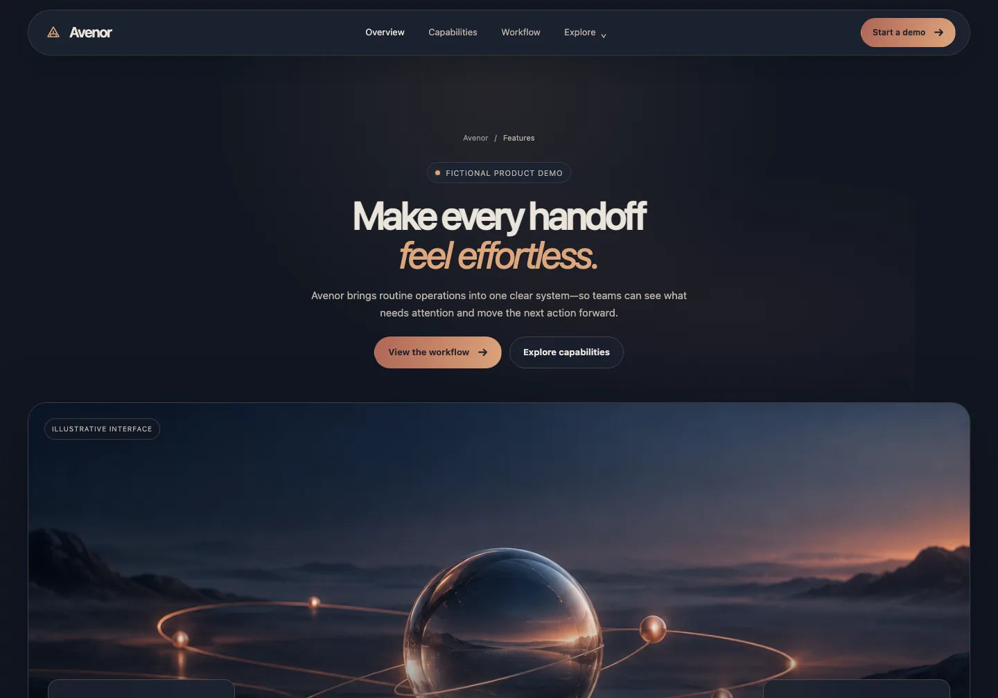 Original Avenor: a dark sample team-product layout with an English headline.