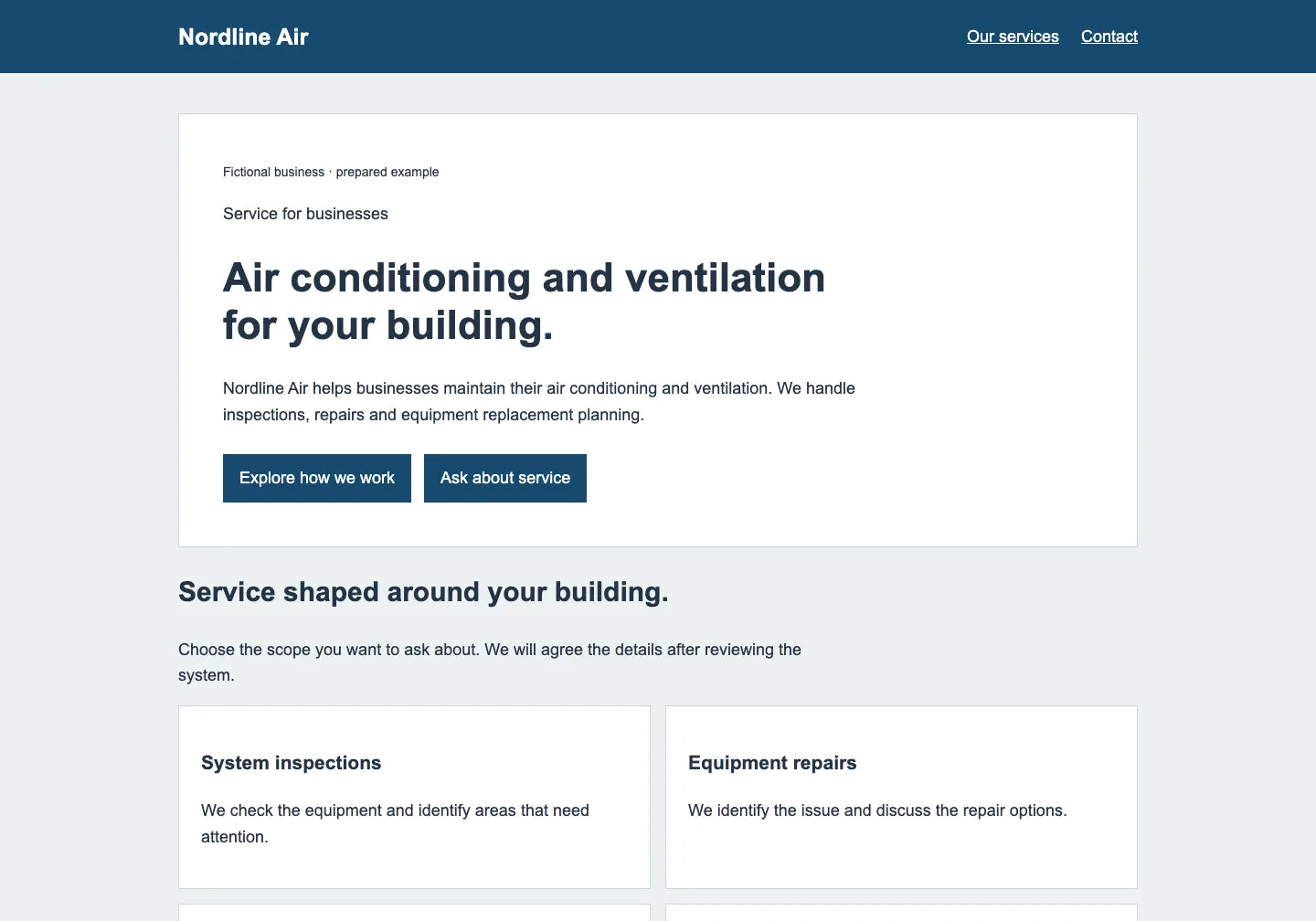 Prepared old website for fictional Nordline Air with the English headline and description of its air conditioning and ventilation offer.