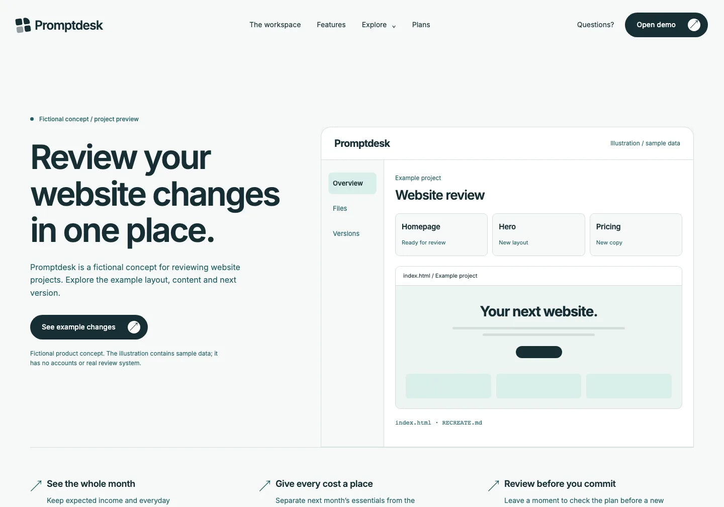 Prepared Promptdesk opening: Review your website changes in one place on the left and a static dashboard illustration on the right