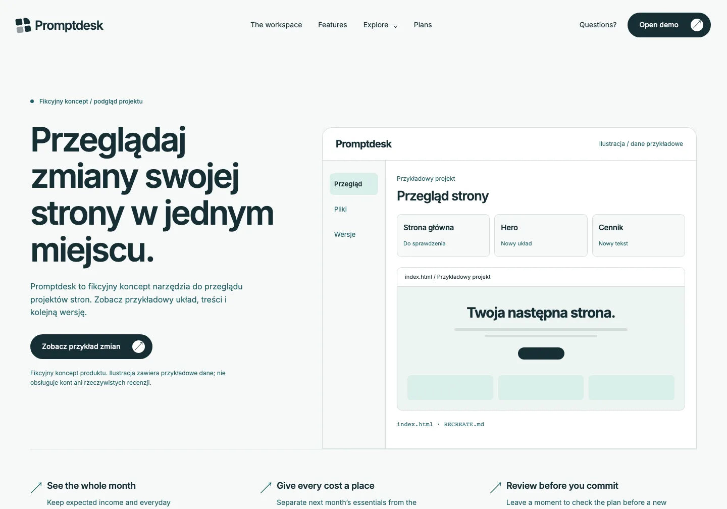 Przygotowany początek Promptdesk: nagłówek Przeglądaj zmiany swojej strony w jednym miejscu po lewej i statyczna ilustracja panelu po prawej