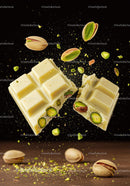 Broken white chocolate bar with whole pistachios explosion