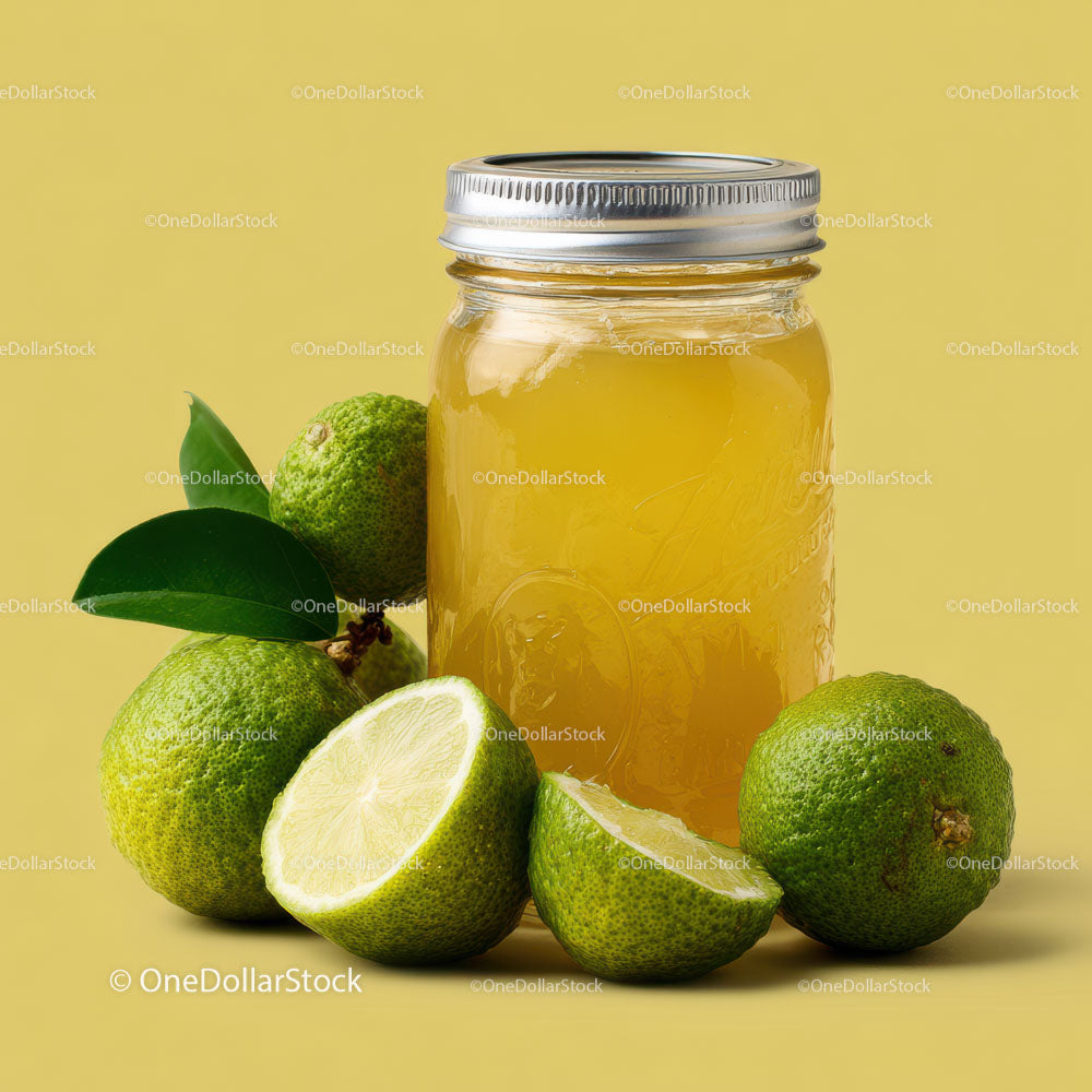 Citrus Lime Juice in Jar Surrounded by Fresh Limes