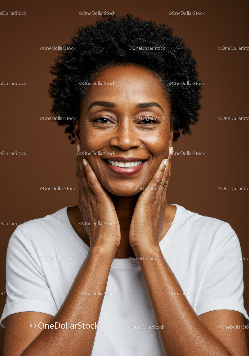 Elegant Black Woman Smiling Joyfully with Natural Beauty on Brown Background