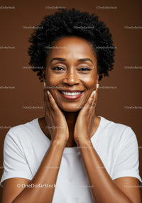 Elegant Black Woman Smiling Joyfully with Natural Beauty on Brown Background