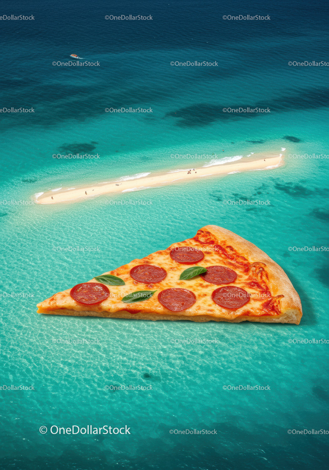 Kawałek pizzy pepperoni unoszący się nad turkusowym morzem